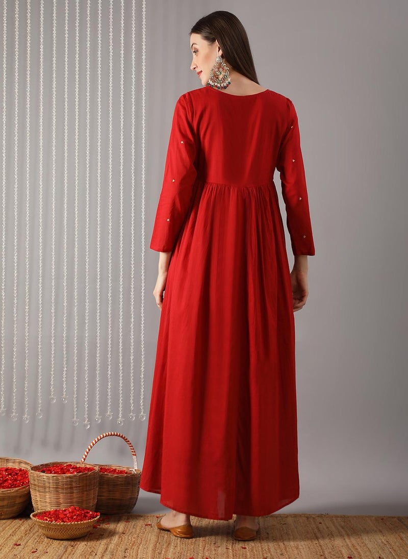 Globus Women Red Boat Neck Embroidered Gathered A-Line Maxi Festive Dress - Image 4